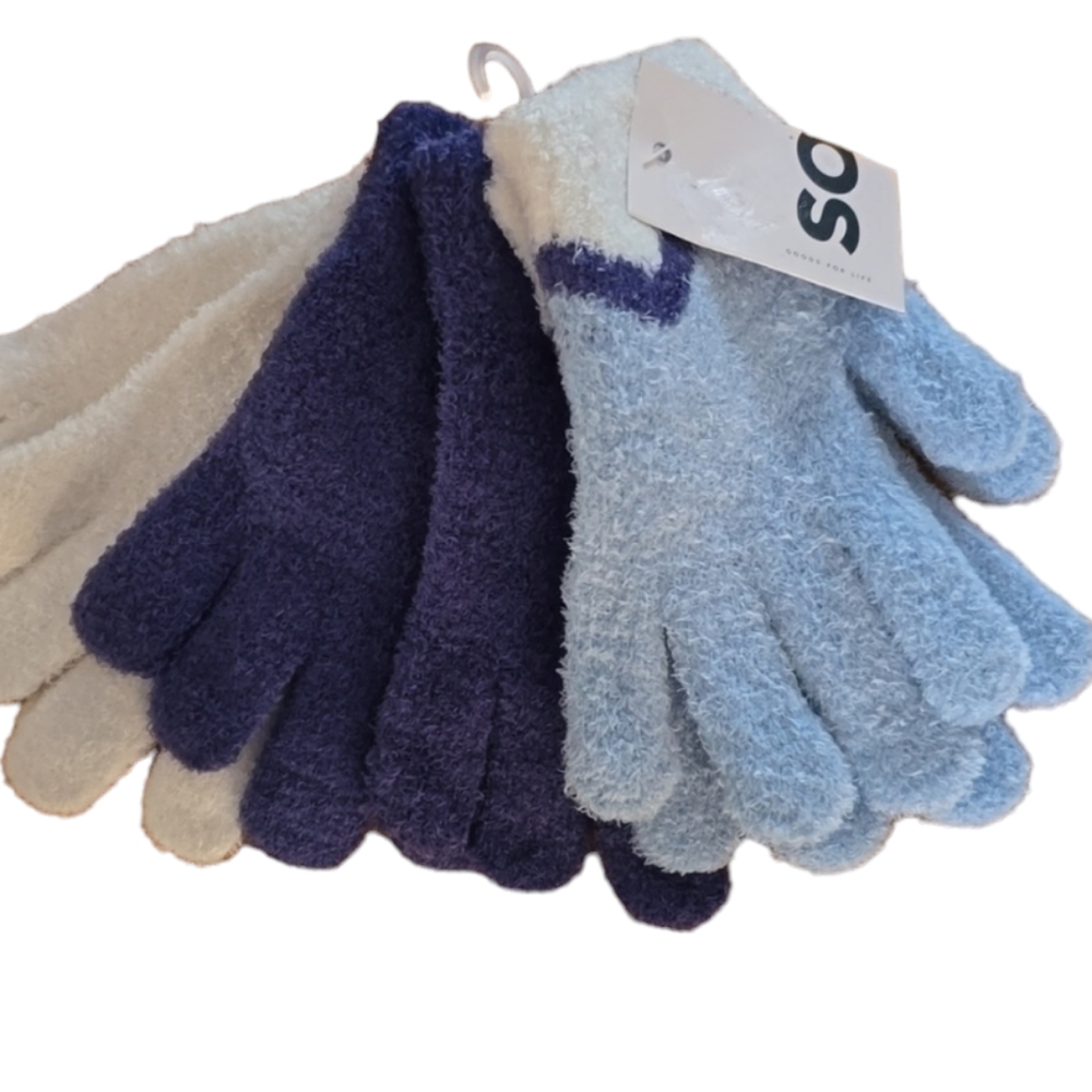 SO BRAND WOMENS JUNIOR BUNDLE OF 3 PAIR OF BLUE & WHITE SUPER SOFT GLOVES